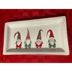 Gnome Serving Tray LTD Commodities Ceramic 11” X 6” White Red Trim